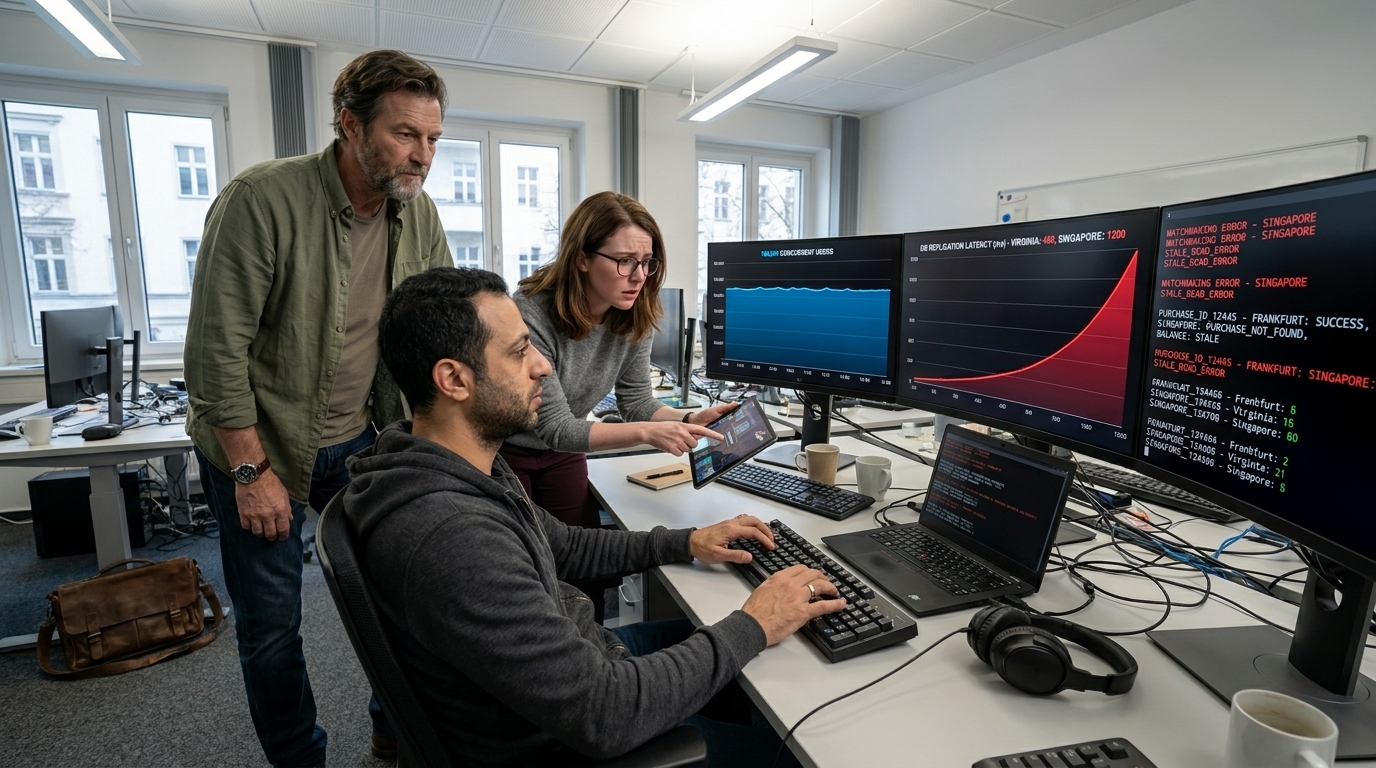 Hassan Al-Rashid arbeitet an der Tastatur, während Sofia Replikationslatenz-Grafiken und aufflackernde Singapur-Error-Logs beobachtet; Stefan Richter beugt sich hinter ihnen über den Tisch.