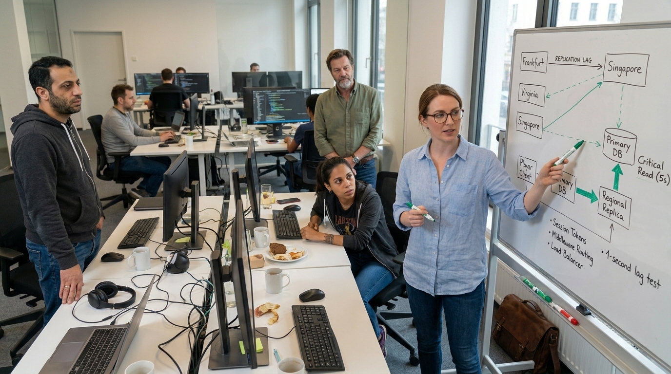 Sofia erklärt Read-Your-Own-Writes-Routing an einem Whiteboard mit Frankfurt, Virginia, Singapur, Primary DB und Regional Replica, während Mariana, Hassan und Stefan das Diagramm auf der Entwicklungsfläche studieren.