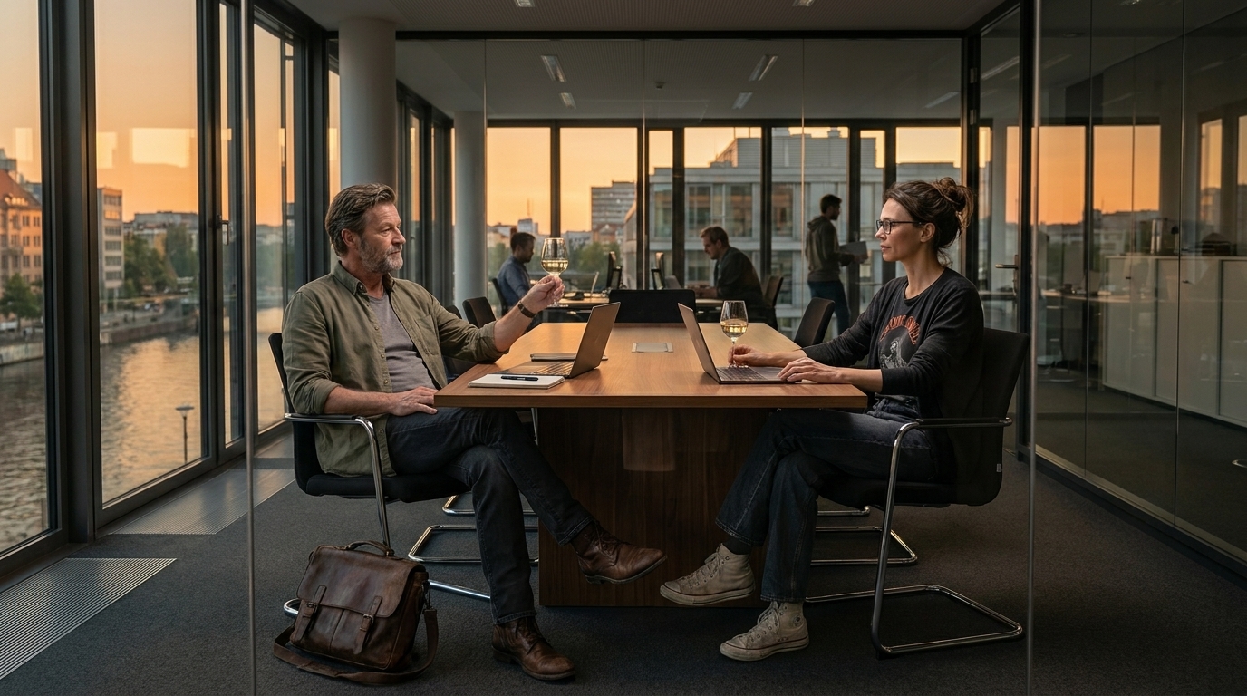 Stefan Richter und Katja Müller sitzen sich bei Sonnenuntergang im gläsernen Konferenzraum mit offenen Laptops und Weißweingläsern gegenüber und blicken auf den Kanal hinaus.