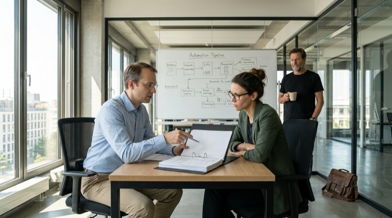 Daniel Schmidt sitzt hinter seinem Schreibtisch mit einem geöffneten dicken schwarzen Ordner vor sich und zeigt mit einem silbernen Kugelschreiber darauf, während Katja Müller und Stefan Richter ihm im Büro mit Glaswänden gegenübersitzen.