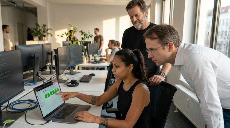 Mariana Santos zeigt auf ihrem Laptop die Jenkins-Pipeline, während Daniel Schmidt sich an seinem Schreibtisch vorbeugt und Stefan Richter daneben auf der Entwicklungsfläche zusieht.