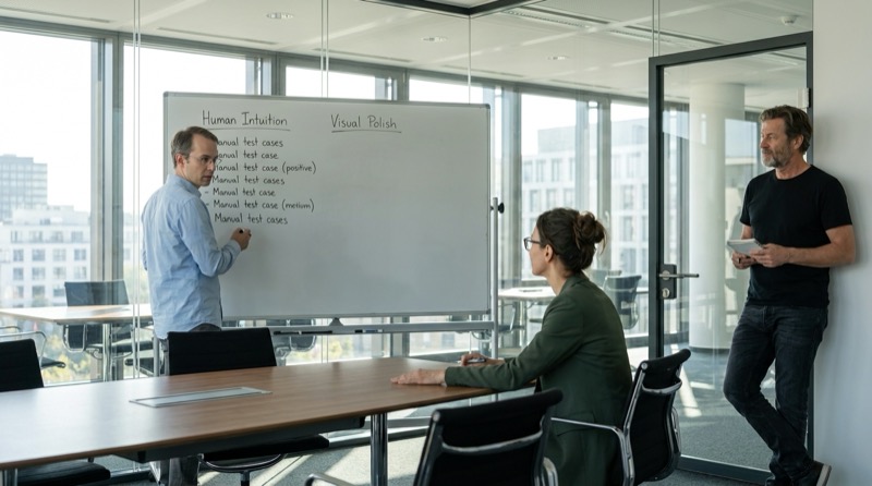 Daniel Schmidt schreibt unter der Überschrift Human Intuition manuelle Testfälle an das Whiteboard im Konferenzraum, während Katja Müller am Tisch zusieht und Stefan Richter mit einem Notizbuch nahe der Tür steht.