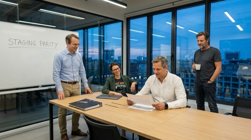 Lukas Weber und Katja Müller prüfen am Konferenztisch den Bericht der grünen Pipeline, während Daniel Schmidt daneben steht und lächelt und Stefan Richter in der Abenddämmerung aus dem Fenster blickt.