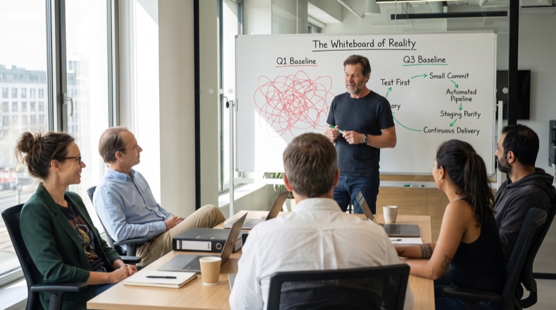 Das gesamte Pixel-Spree-Team versammelt sich an einem Sommernachmittag im großen Konferenzraum. Stefan Richter steht mit einem grünen Marker am Whiteboard und vergleicht die rote, chaotische Ausgangslage aus Q1 mit der grünen, strukturierten Ausgangslage aus Q3, während Lukas Weber, Katja Müller, Mariana Santos, Sofia, Anton Petrov, Hassan und Daniel entspannt zuschauen.