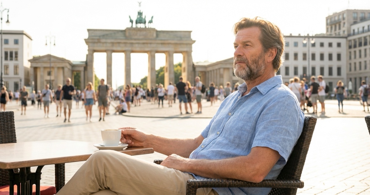 Stefan Richter mit Kaffee am Pariser Platz in Berlin