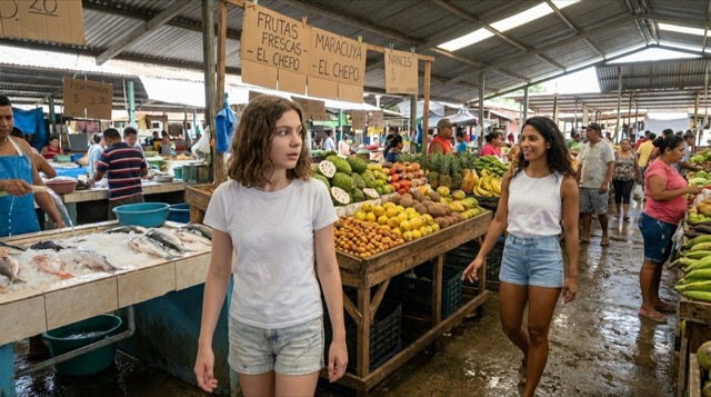Markt von Chepo — tropische Früchte, Fisch auf Eis und Sophie, die das dichte sensorische Leben des Marktes aufnimmt.