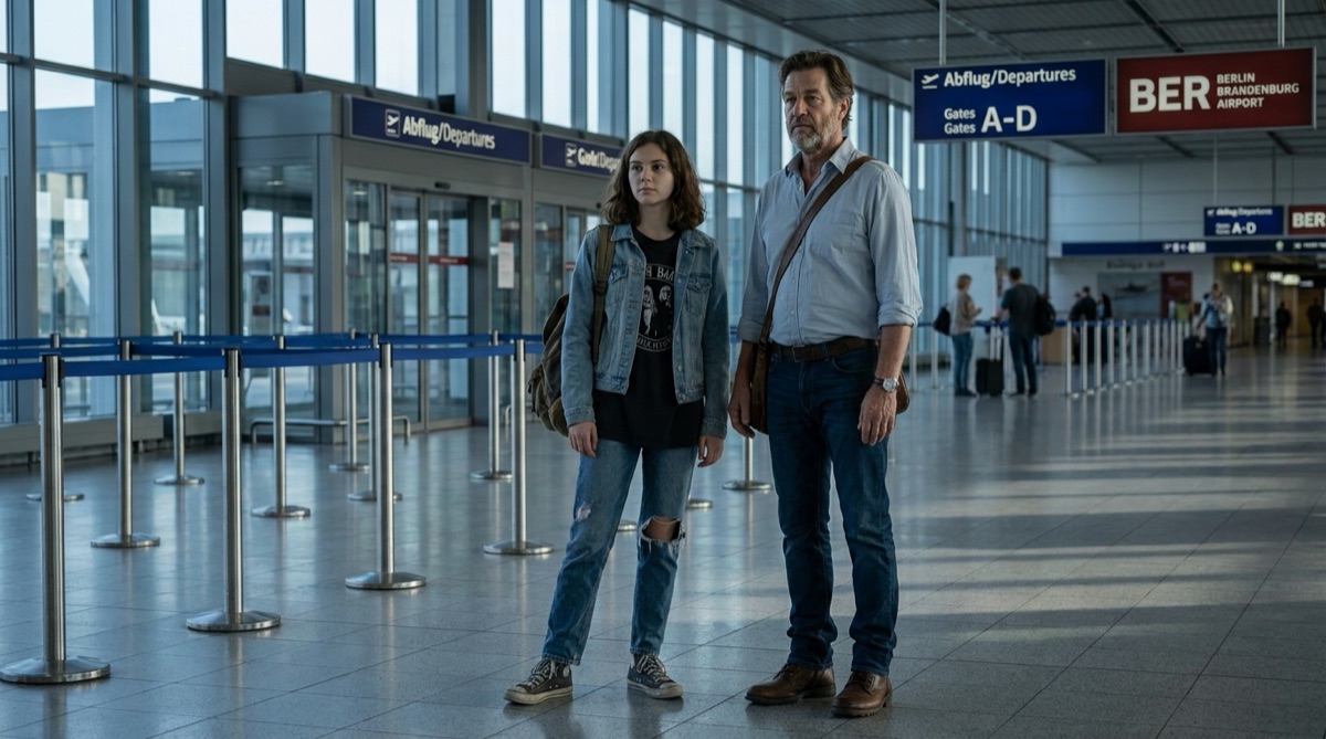 Sophie und Stefan stehen vor der Abreise am Berliner Flughafen Schönefeld, umgeben von Flughafenglas, Gepäck und dem ersten Licht der Reise.