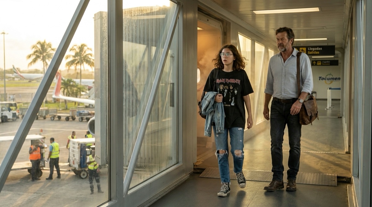 Sophie und Stefan treten am internationalen Flughafen Tocumen in Panama-Stadt aus dem Flugzeug, mit warmem tropischem Licht, beschlagenem Glas, Bodenpersonal und dem ersten Schock der Hitze draußen an der Fluggastbrücke.