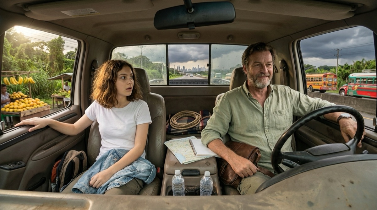 Sophie und Stefan im Pickup auf dem Weg von Tocumen nach Chepo auf der Interamericana, mit feuchter Hitze, verblassenden Stadträndern und der Kabine des Trucks als Rahmen für die Straße nach Osten.