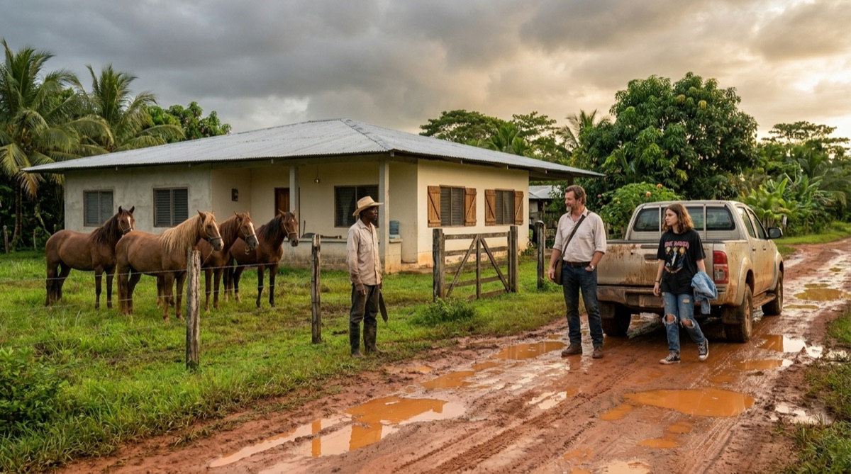 Stefans Pickup kommt auf der Finca am Ende einer roten Schlammstraße nahe Chepo an, mit dem Haus, dem Zaun, nassem Boden und der ersten Schwelle zu seinem Leben in Panama.