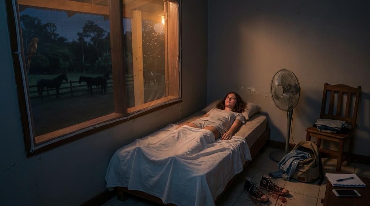 Sophies erste Nacht auf Stefans Finca: Sie liegt wach in einem kleinen heißen Zimmer, während tropische Dunkelheit und ferne Formen hinter dem Fenster die Nacht nah und unheimlich machen.