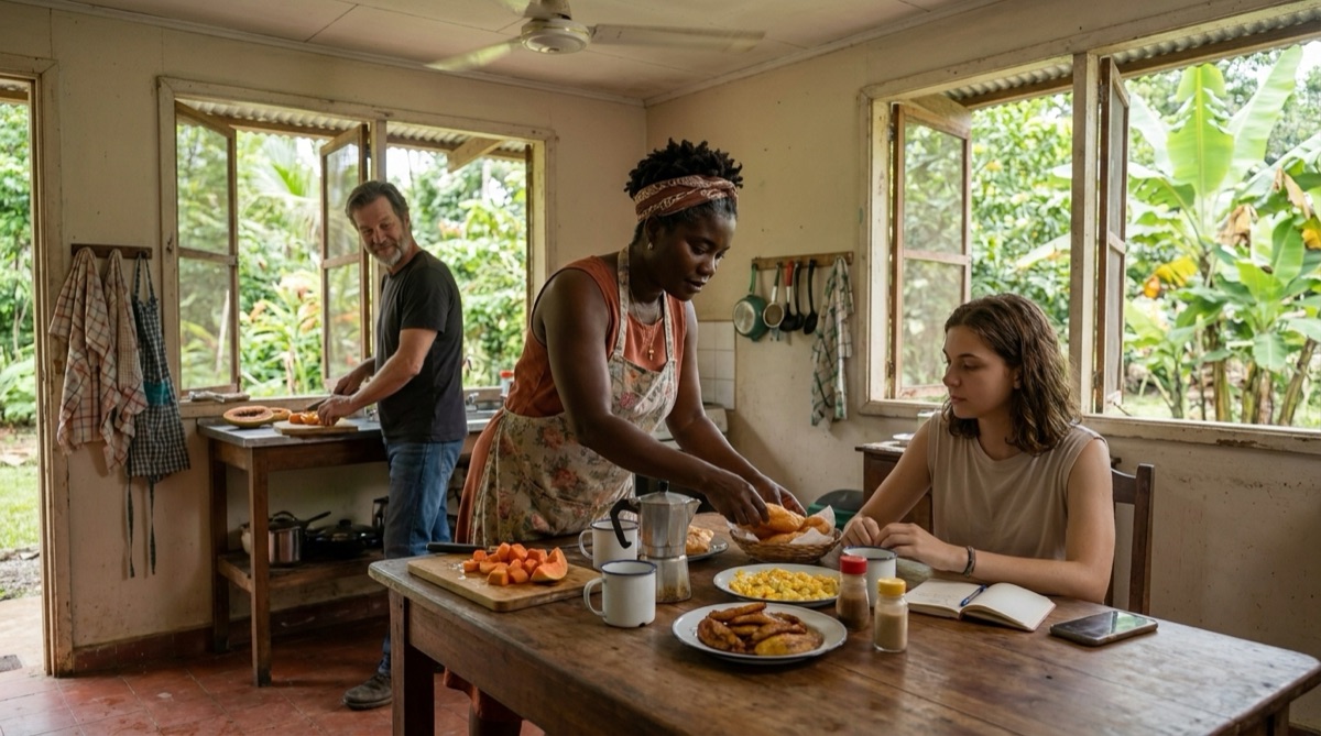 Später Vormittag in Rosa Ibargüens Küche auf der Finca: Sophie sitzt am Tisch, während Rosa das Haus führt und Stefan am Tresen Obst schneidet.