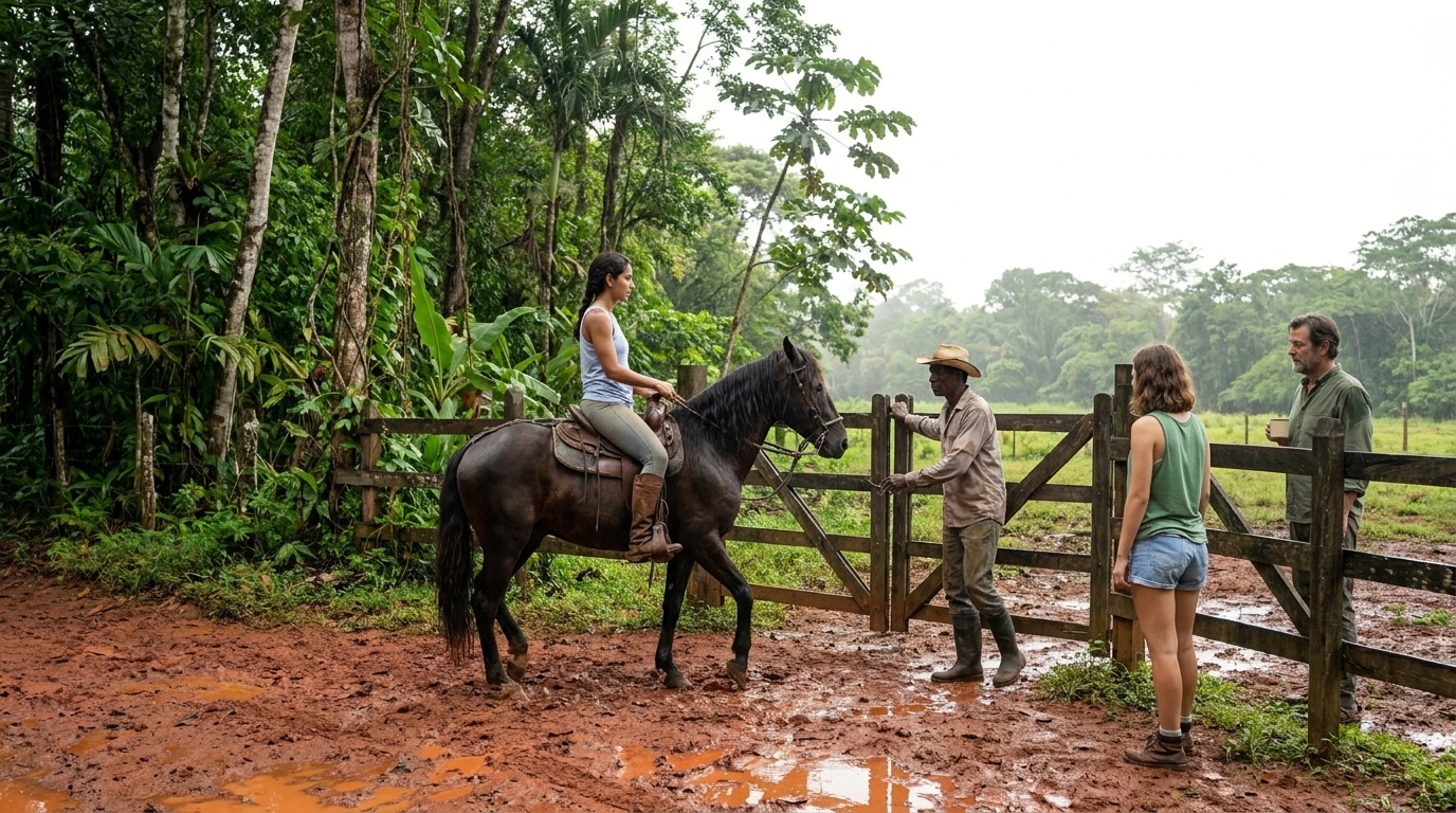 Valentina Sánchez reitet auf einem peruanischen Paso zum Tor der Finca, den dunklen Zopf über den Rücken, die Stiefel locker in den Steigbügeln, die dichte Regenwaldwand grün und dicht hinter ihr.