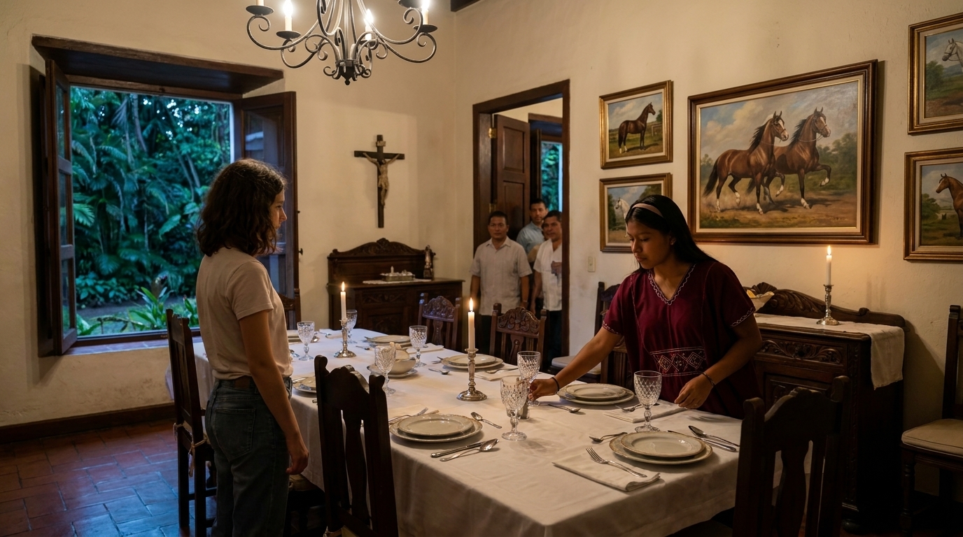 Das Sánchez-Esszimmer: Sophie steht am offenen Fenster und blickt auf Pferdegemälde an der Wand, während Yariela in ihrer weinroten Nagua mit geometrisch bestickten Bändern den letzten Platz am kerzenbeleuchteten Tisch einnimmt. Kristallgläser, weißes Leinen, darüber schmiedeeiserner Kronleuchter, draußen sichtbarer dunkler Garten.