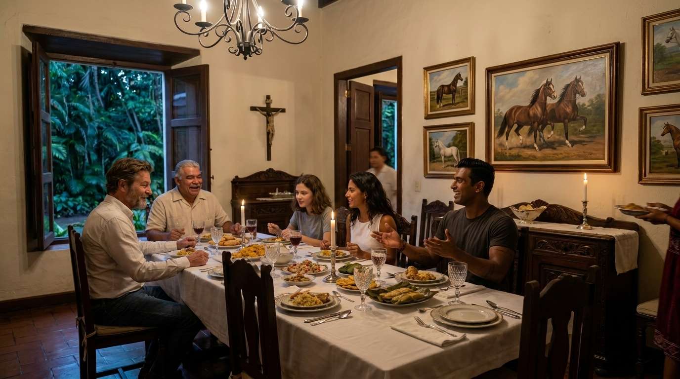Der Sánchez-Esstisch in voller Länge – Don Ricardo am Kopfende, Doña Carmen am Fußende, Papa und Sophie auf der einen Seite, Valentina und Mateo gegenüber, Gelächter und gestikulierende Hände, Ceviche und Tamales in Bananenblättern, darüber ein Kronleuchter und im Hintergrund gerade noch sichtbar Yariela mitten im Durchgang durch die Küchentür, der weinrote geometrische Saum ihrer Nagua ist unter dem Rahmen zu sehen.