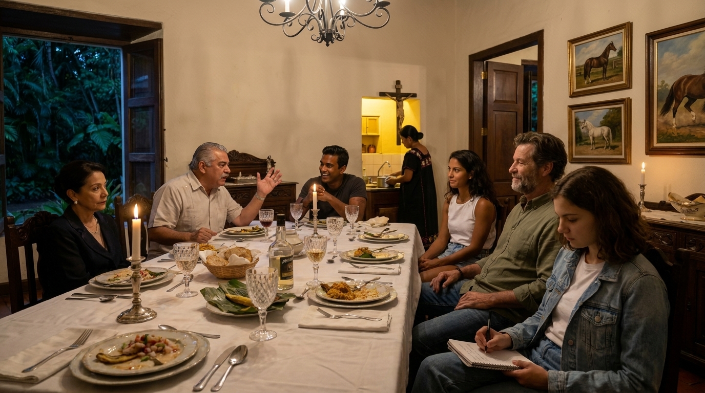 Sophie saß auf ihrem Stuhl und schrieb in ein Notizbuch, das sie tief hielt, während um sie herum die Unterhaltung beim Abendessen weiterging – Mateo gestikulierte, Don Ricardo gestikulierte zurück, Doña Carmen beobachtete Sophie mit stiller Aufmerksamkeit. Durch die Küchentür hinter ihnen arbeitet eine Frau in warmem gelbem Licht an der Spüle, an der Wand über der Tür ein Kruzifix, an der Wand rechts ein Pferdegemälde.