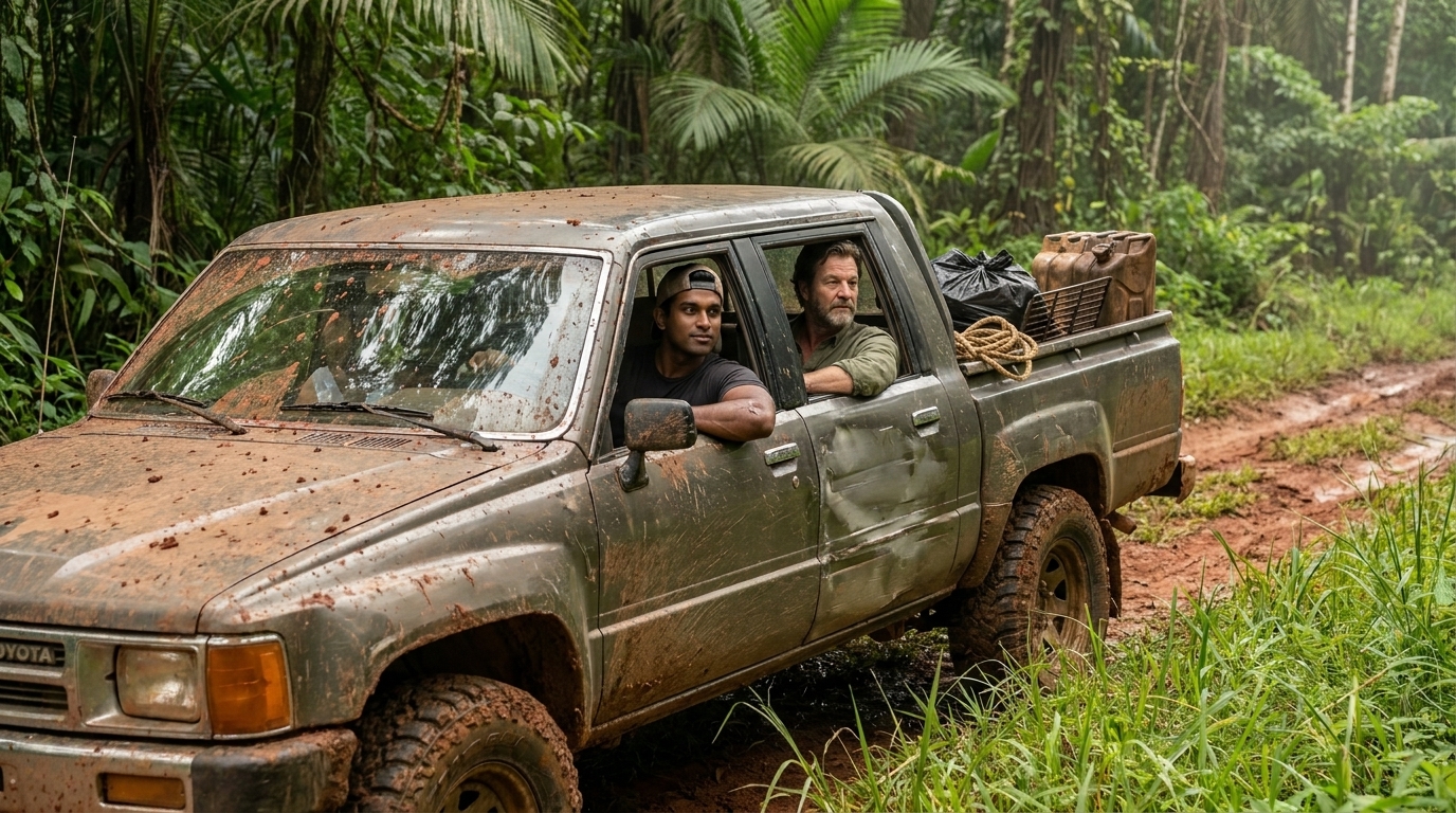 Mateos ramponierter 4x4-Toyota steht am Rande einer Dschungelpiste mit rotem Schlamm, der Wald drängt von beiden Seiten, die Windschutzscheibe fängt das frühe Morgenlicht ein.
