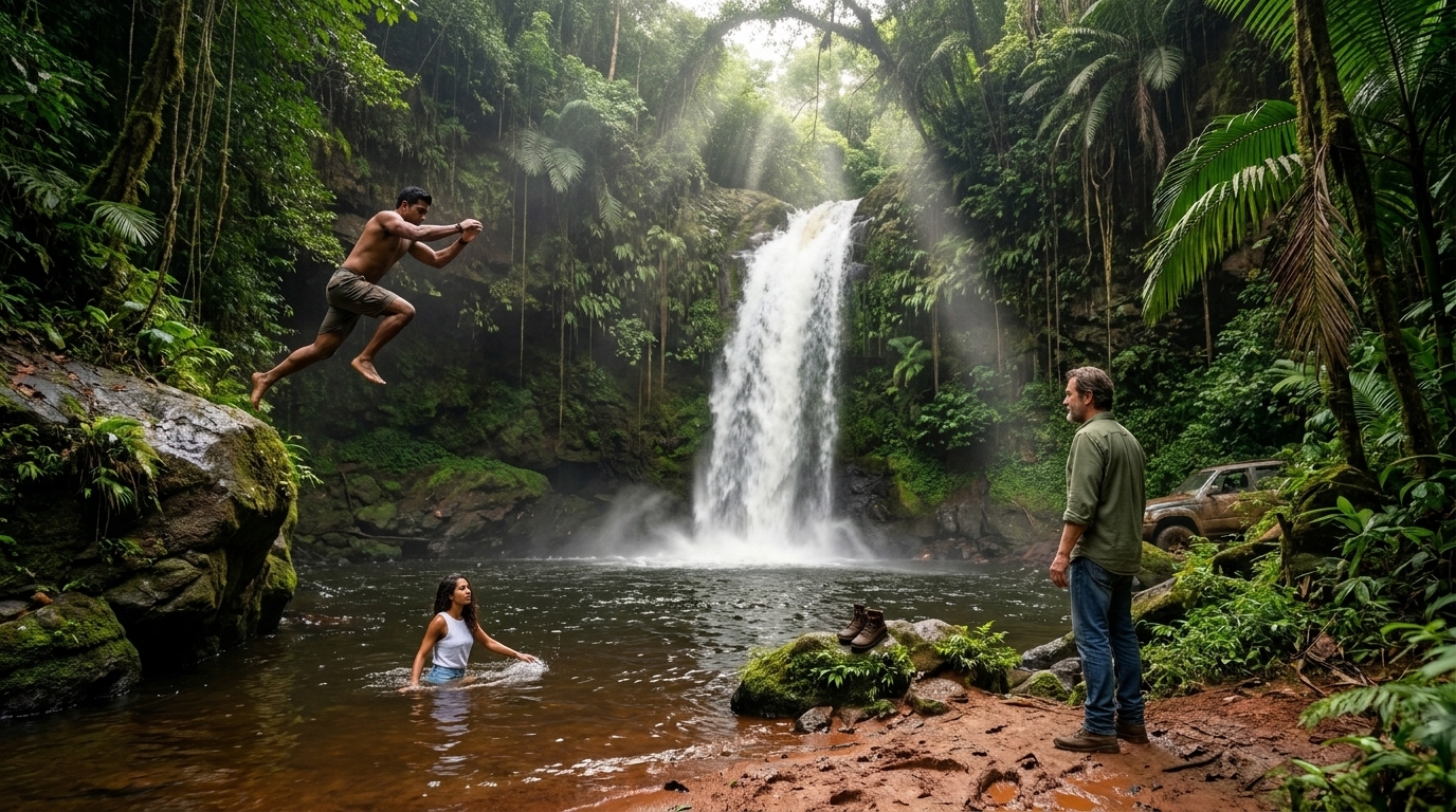 Die Lichtung des Dschungelwasserfalls: Mateo springt mitten in Shorts vom Felsvorsprung, Valentina steht bereits hüfthoch im dunklen Teich darunter, Papa steht in Jeans am Wasser und schaut mit den Händen an den Seiten zu. Der Wasserfall fällt weiß und heftig hinter ihnen herab, das Dschungeldach über ihnen lässt nebelgefilterte Lichtstrahlen durch, der Lastwagen ist an der Baumgrenze gerade noch sichtbar.