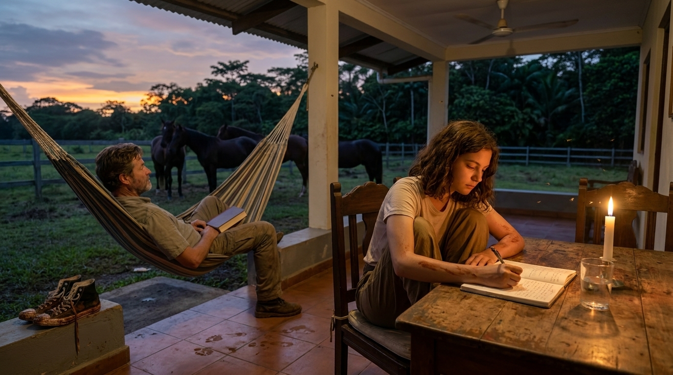 Die Finca-Terrasse in der Abenddämmerung: Sophie am Holztisch und schreibt bei Kerzenlicht in ihr Notizbuch, neben ihr liegen schlammverkrustete Converse auf dem Boden. Papa in der Hängematte links, ein Buch auf der Brust, liest nicht, blickt auf die Weide, wo am anderen Zaun zwei dunkle Pferde stehen. Der Himmel hinter der Baumgrenze ist orange und geht ins Lila über.