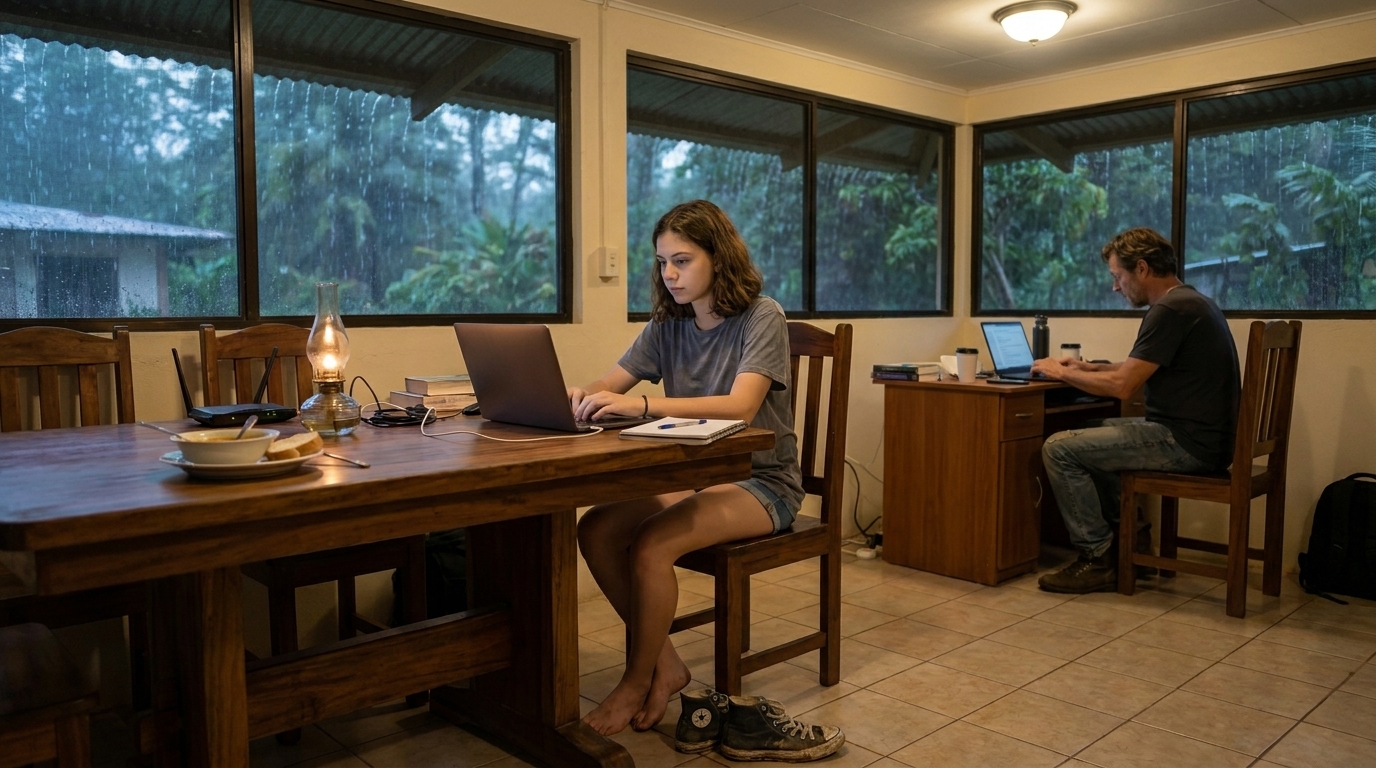 Sophie am schweren Holztisch in der Finca, Laptop aufgeklappt, Notizbuch daneben, einen halb aufgegessenen Teller zur Seite geschoben. Die Fenster sind dunkel, der Regen tropft auf das Glas. Stefan arbeitet an einem Schreibtisch in der Ecke. Eine Öllampe, eine Deckenleuchte.