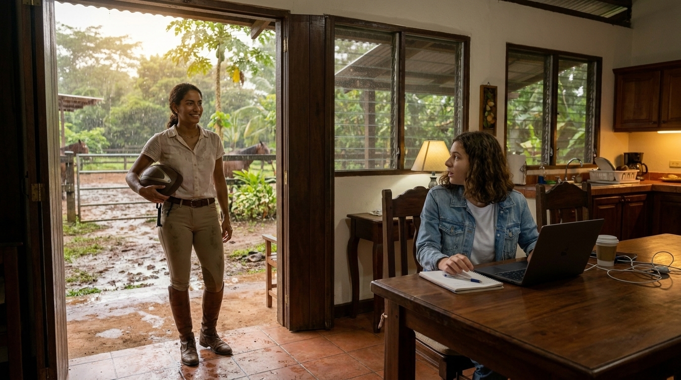 Valentina Sánchez im Eingang der Finca, mit Reithelm, Reithose und kurzärmliger Baumwollbluse in der Hand, regennass von der Koppel. Hinter ihr hat sich der Regen zu einem Nieselregen abgeschwächt, das Licht des späten Nachmittags wird golden. Sophie ist gerade drinnen zu sehen, ihr Laptop liegt immer noch aufgeklappt auf dem Tisch.