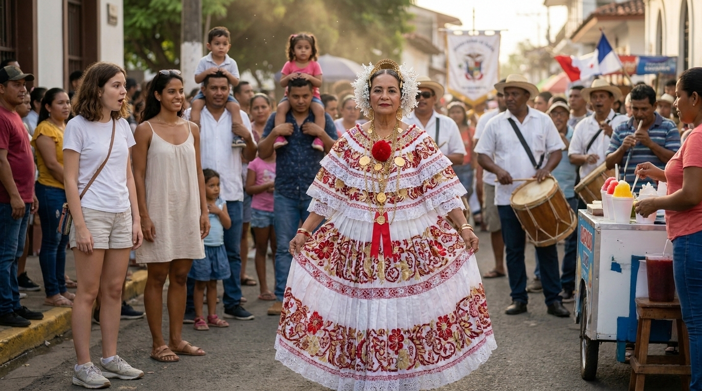 Eine Straße in Las Tablas während des Festivals – eine Frau in einem kompletten traditionellen Pollera, das weiße Kleid voller handgestickter Blumen in Rot und Gold, ein goldener Tembleque-Kopfschmuck. Sophie steht am Rand des Bildes, bleibt mitten im Schritt stehen und starrt. Valentina steht etwas hinter ihr und beobachtet Sophies Reaktion.