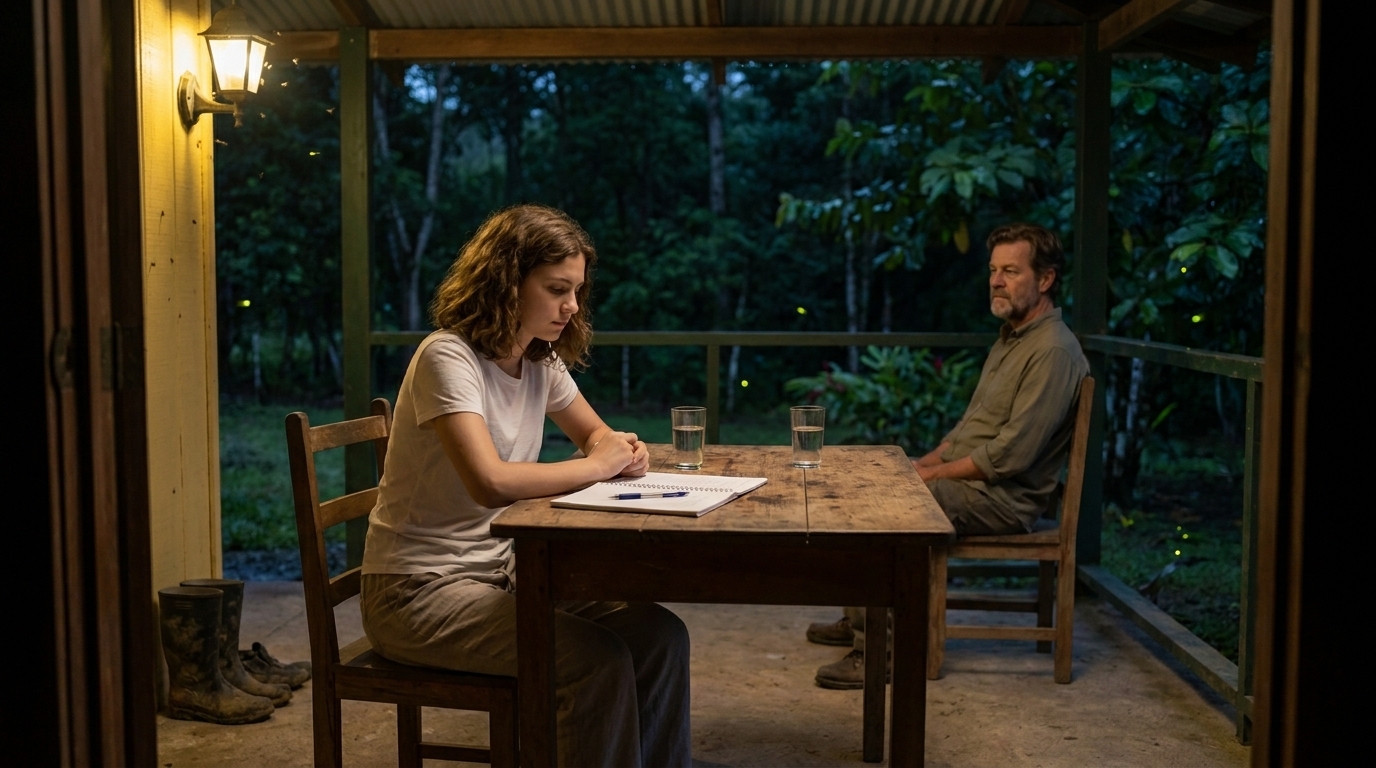 Sophie abends am Tisch auf der Finca-Terrasse, Notizbuch aufgeschlagen, eine einzelne Kerze, der dunkle Wald hinter dem Zaun. Ihre Hand ruht auf der Seite. Der Gesichtsausdruck ist fest – das Gesicht von jemandem, der endlich den gesuchten Satz gefunden hat.
