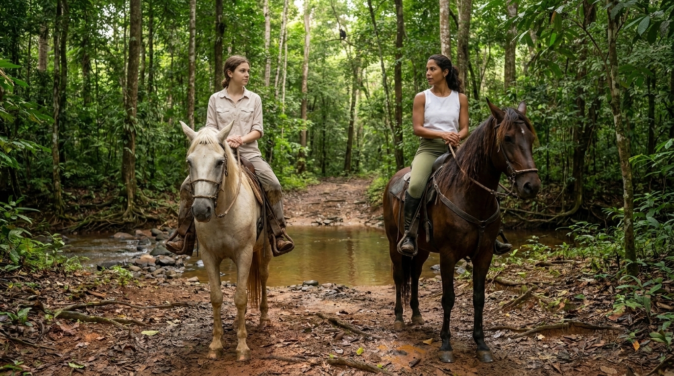 Sophie und Valentina reiten Seite an Seite auf einem Regenwaldpfad, das Blätterdach hoch und grün über ihnen, beide Pferde im gleichmäßigen Schritt.