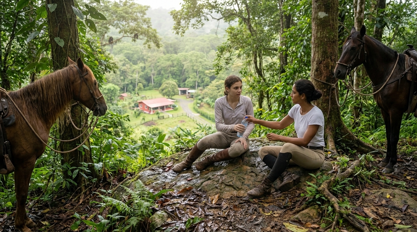 Sophie und Valentina sitzen auf einem flachen Felsvorsprung mit Blick durch das Blätterdach auf das darunter liegende Tal, Wasserflaschen in der Hand, das Tal dunstig und grün im Morgenlicht.