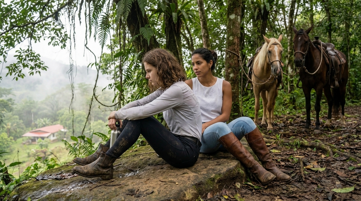 Nahaufnahme – Valentinas Gesicht und Sophies Profil auf dem Felsregal. Valentina sieht Sophie fest an, nicht unfreundlich, ohne etwas zu tun. Sophies Kiefer ist leicht angespannt.