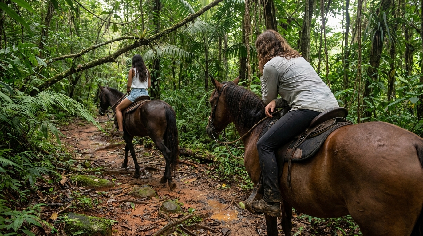 Sophie auf Reina, allein auf dem Weg, nach vorne gebeugt, ihre Unterarme am Hals des Pferdes und ihr Gesicht dicht am Ohr des Pferdes. Der Wald drängt sich um sie herum, grün und still.
