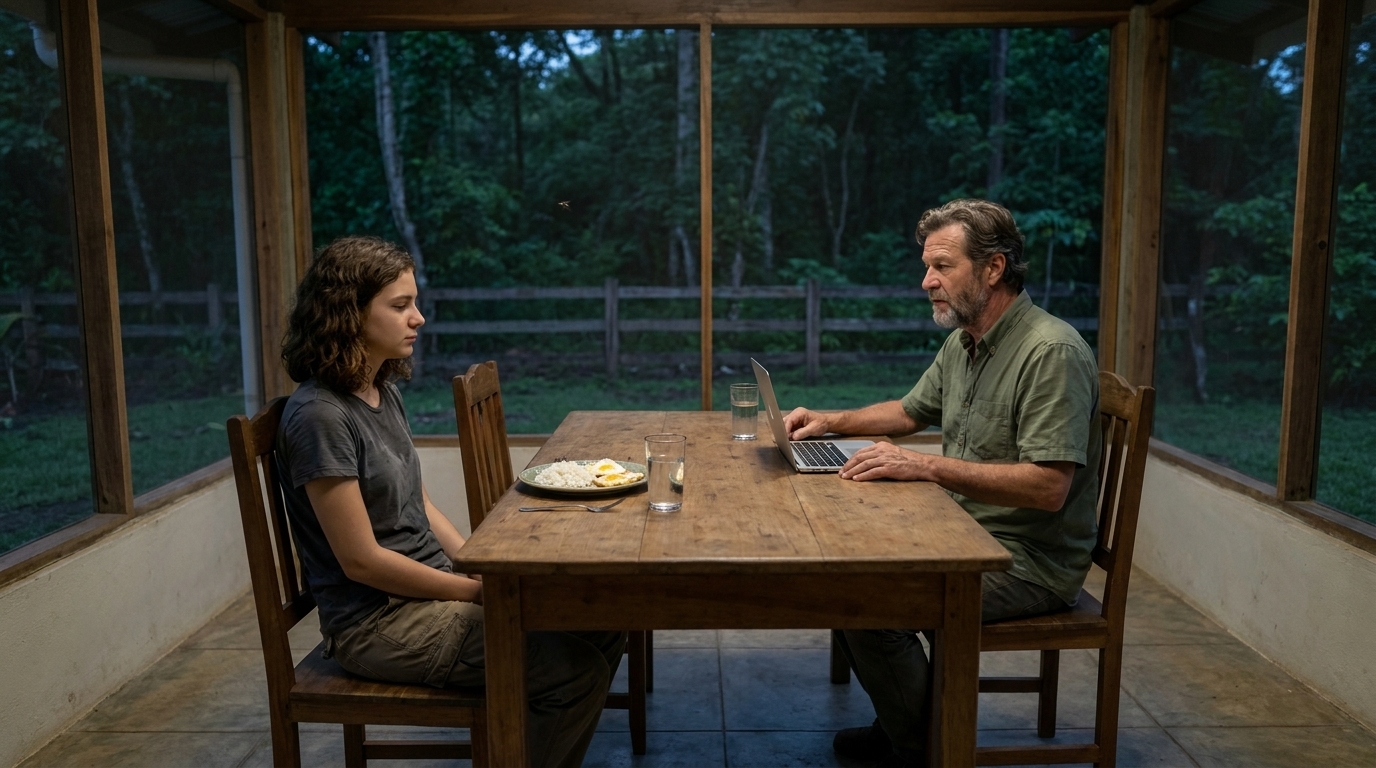 Die Finca-Terrasse in der Abenddämmerung. Stefan und Sophie am Tisch im Freien mit einer einfachen Mahlzeit – zwei Teller, Gläser Wasser. Beide schauen leicht voneinander weg. Der Wald hinter dem Zaun wird dunkel.