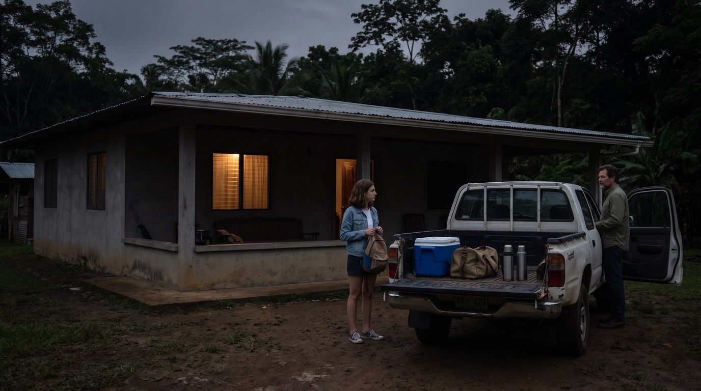 Noch vor Tagesanbruch Abfahrt von der Finca nach Kuna Yala – Mateos ramponierter Toyota beladen im Dunkeln, Sophie mit kleinem Rucksack und Thermoskanne, Stefan an der Beifahrertür, der östliche Himmel beginnt gerade zu verblassen.