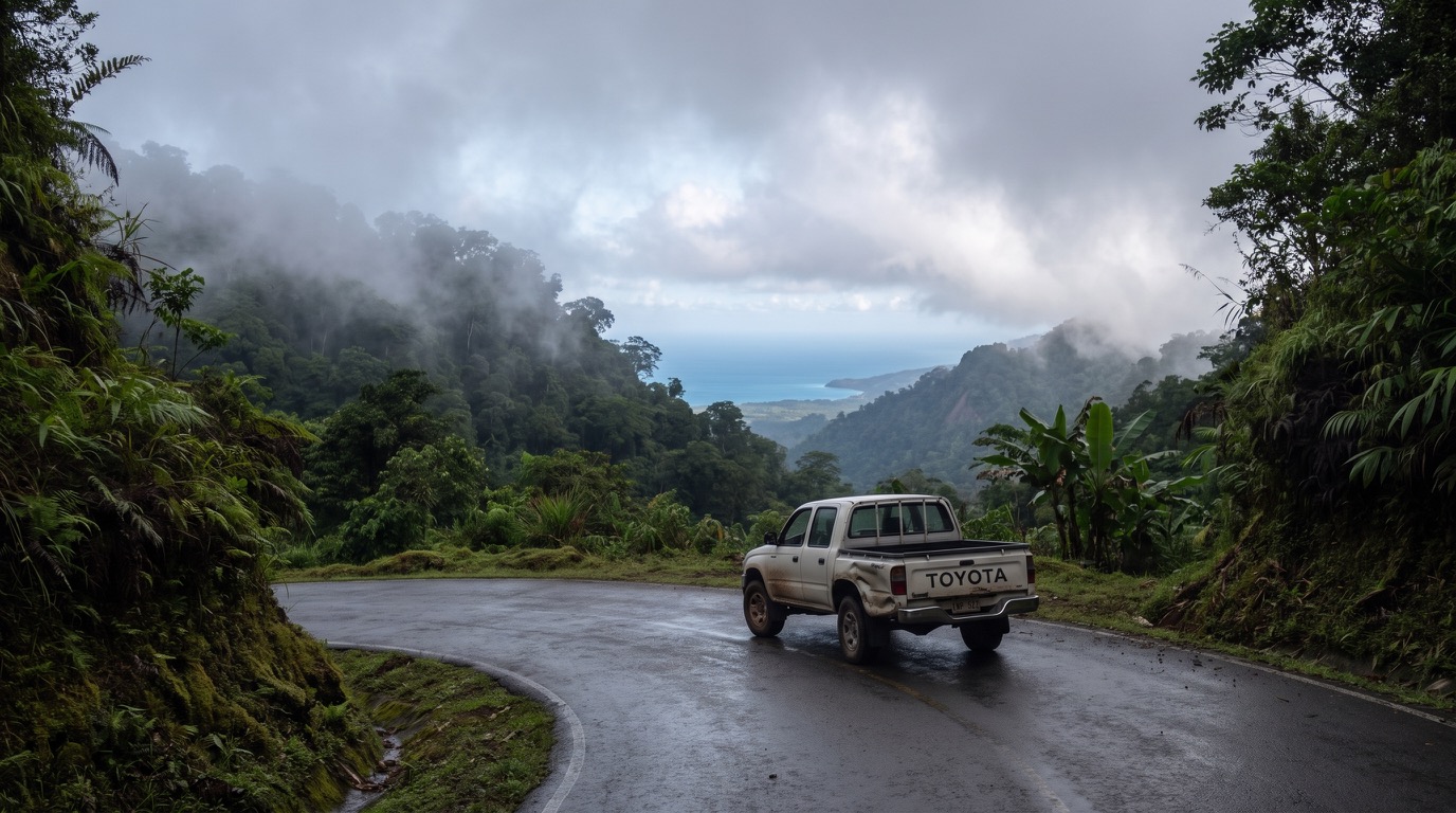 Die Bergstraße nach Guna Yala im ersten Licht: ein weißer Toyota auf nassem Asphalt zwischen steilen grünen Hängen, während Wolken aus den Bäumen aufsteigen und darunter ein Streifen karibischen Blaus erscheint.