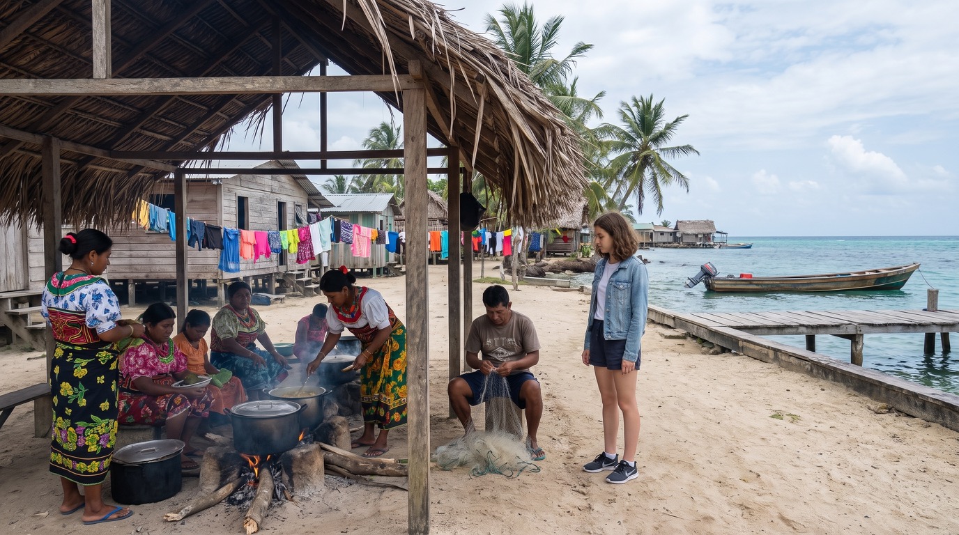 Eine kleine Guna-Insel am späten Vormittag: Eine Familie bereitet unter einem offenen Dach Essen zu, während Sophie etwas abseits steht und die hellen Stoffe, das Meer und den unbekannten Ort auf sich wirken lässt.