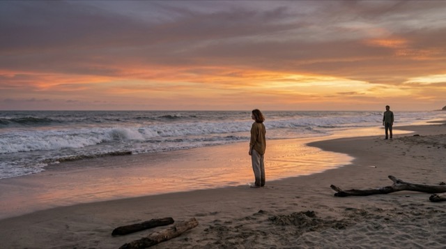 Pazifik bei Sonnenuntergang — Sophie an der Wasserkante, Stefan hinter ihr, der Strand in kupferfarbenes und violettes Abendlicht getaucht.