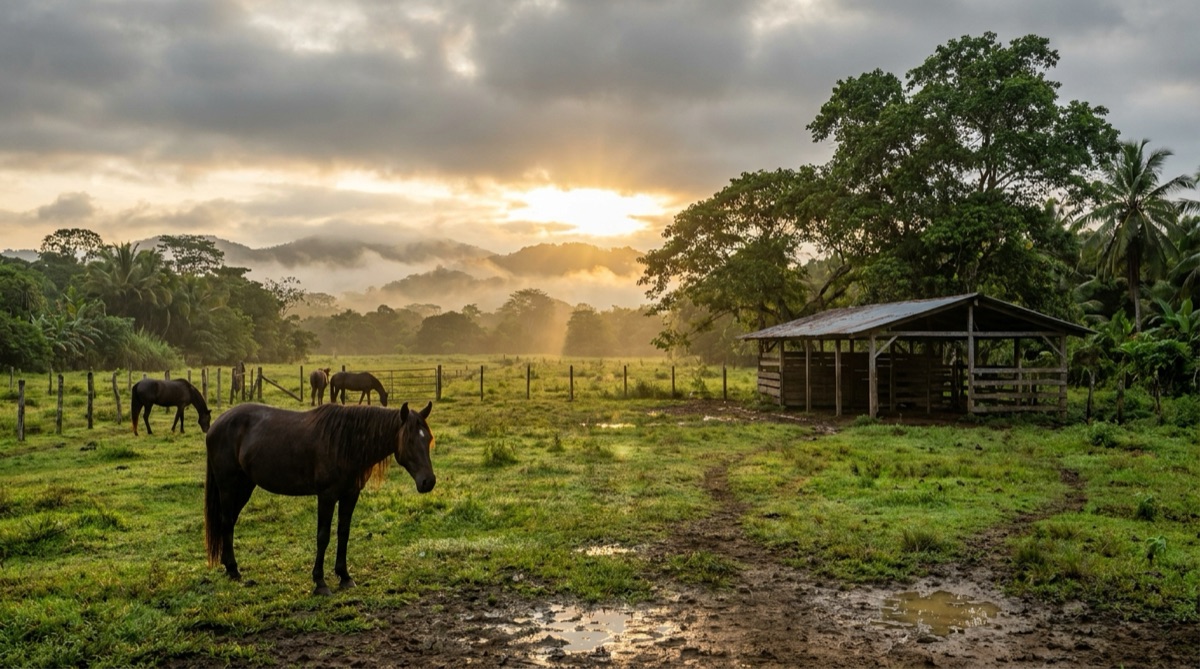 Drei Pferde stehen im Morgengrauen auf einer schlammigen Weide neben einem offenen Unterstand, dahinter neblige Hügel und dichter Tropenwald bei Chepo in Panama.