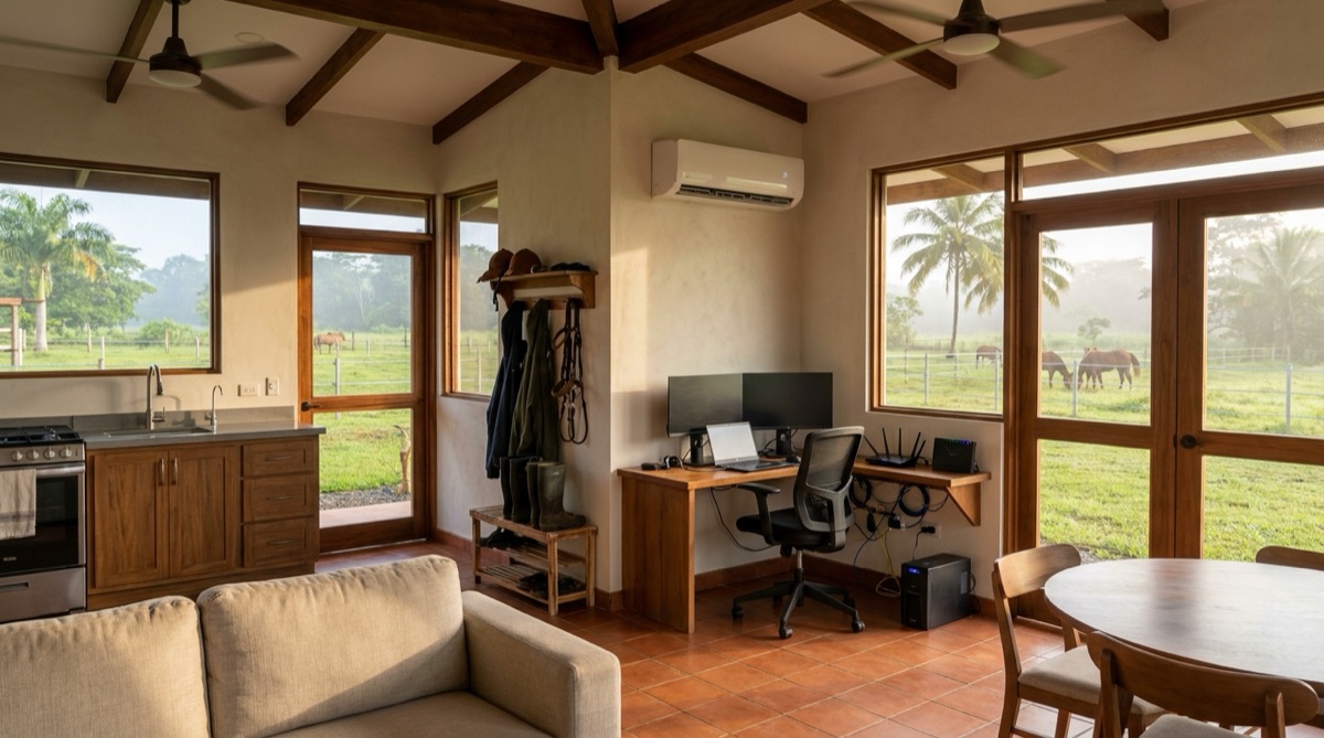 Das Innere von Stefans Haus in Panama mit Küche, Holzmöbeln, einem Schreibtisch am Fenster und Pferden, die durch die Glastüren sichtbar sind.