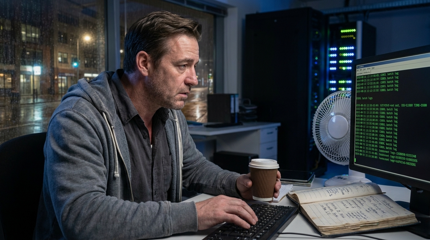 Leeres Büro bei Nacht, beleuchtet von Monitoren und dem Leuchten eines Server-Racks. Nathan Cole: verwaschener Hoodie über einem zerknitterten Hemd, Stoppeln, dunkle Augenringe, eine Hand umklammert einen Pappbecher mit verbranntem Kaffee, die andere schwebt über einer Tastatur.