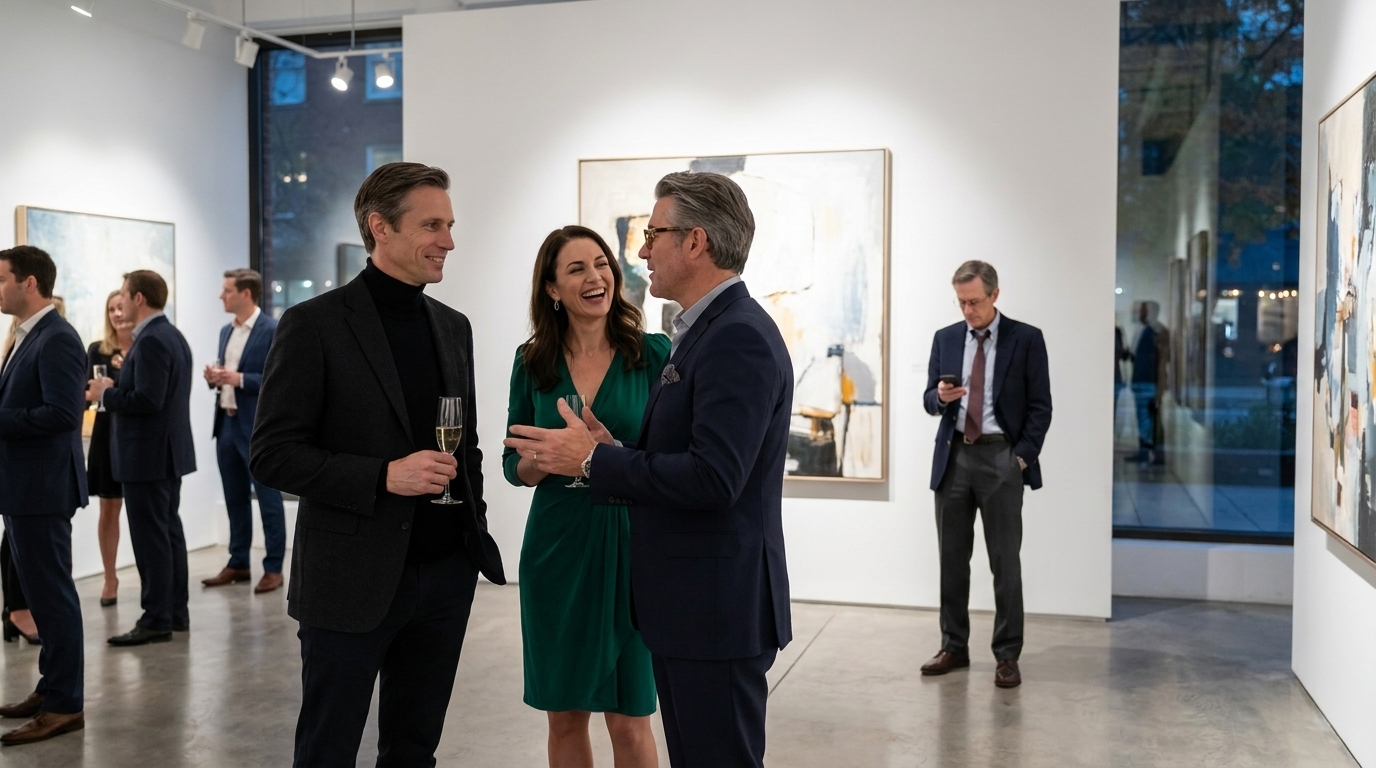 Eröffnung einer gehobenen Galerie mit weißen Wänden und Scheinwerfern. Graham Whitaker: schwarzer Rollkragenpullover unter einem Blazer, entspanntes Selbstbewusstsein, hält ein Champagnerglas. Seine Frau: smaragdgrünes Kleid, minimalistischer Schmuck, offenes Haar, lacht über den Witz eines Spenders. Preston Hale: dunkler Anzug, offenes Hemd, Buchautor-Charisma, gestikuliert beim Sprechen. Derek Lawson im Hintergrund: ohne Anzugjacke, gelockerte Krawatte, schaut auf sein Telefon.