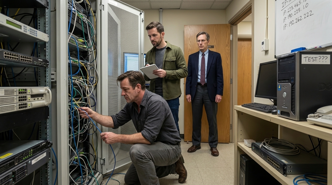 Serverraum mit einem halboffenen Rack und einem Kabelgewirr. Nathan Cole kniet in abgetragenen Chinos auf dem Boden, Ärmel hochgekrempelt, und verfolgt ein Netzwerkkabel durch ein Rattennest aus Drähten hinter dem Rack. Ethan Carter steht neben ihm mit einem Notizblock, Hoodie hochgeschlossen, das Gesicht vom Monitorlicht beleuchtet. Ein alter Windows-Server-Tower steht auf einem Regal mit einem handgeschriebenen Etikett: 'TEST???'. Ein Whiteboard in der Nähe zeigt gekritzelte IP-Adressen und durchgestrichene Passwörter. Derek Lawsons Anzugschuhe und Hosenbeine sind in der Türöffnung sichtbar, seine Haltung ist starr und er ist empört über den Staub. Leuchtstoffröhren, warmer brummender Raum.