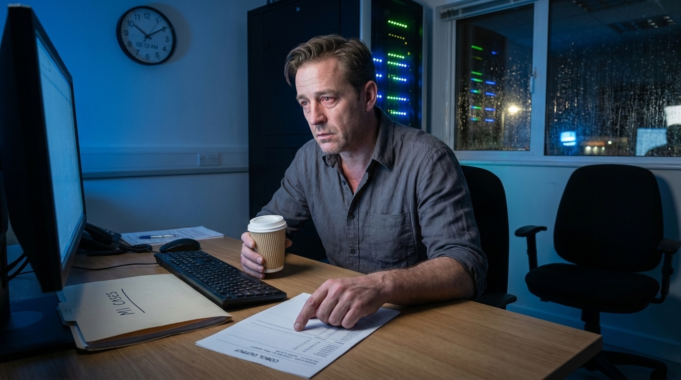 Spätnächtliches Büro, Nathan Cole allein an seinem Schreibtisch, beleuchtet vom Monitor. Ein gedruckter COBOL-Ausgabebericht liegt auf dem Schreibtisch aus, mit markierten Zeilen. Nathan Cole: Augen rot vor Müdigkeit, Kaffeetasse in der Hand, ein Finger fährt eine Position auf dem Bericht nach. Eine Manila-Akte mit der handgeschriebenen Aufschrift 'MI CASES' liegt offen neben seiner Tastatur. Wanduhr zeigt 02:12. Draußen: Straßenlaternen auf nassem Asphalt, Regen fällt immer noch. Das Brummen der Server im Hintergrund. Der Stuhl neben Nathans Schreibtisch ist leer.