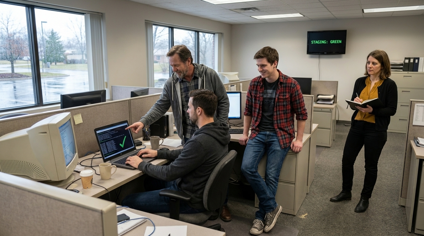 Development floor. Ethan Carter at his laptop, terminal open with a CI job log showing lines of output and a final green check mark. Ethan: hoodie on, hood down, black t-shirt, jeans, boots, coffee mug by the keyboard. Ryan Mitchell beside him, gray hoodie, pointing at the screen. Caleb Turner leaning on the desk, flannel open over band t-shirt, smiling. Olivia Parker in the background with her notebook, black cardigan, mustard blouse, watching. A small wall-mounted TV now shows a simple status page: 'STAGING: GREEN'. Outside: thin sun after rain.