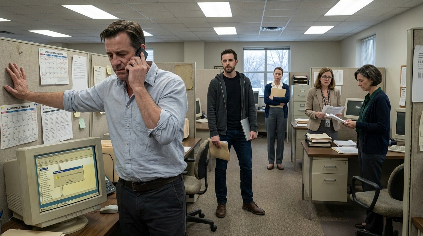 Schmaler Support-Gang außerhalb der Großraumbüros. Nathan Cole steht da, das Telefon fest ans Ohr gepresst, eine Hand an die Wand eines Cubicles gestützt, die mit alten Compliance-Kalendern bedeckt ist. Auf seinem Monitor: Eine Kunden-Dateiliste und eine vergilbte VB6-Dialogbox. Ethan Carter wartet am Ende des Ganges, hält die Mappe gegen seinen Oberschenkel gedrückt, den Laptop unter einem Arm, den Gesichtsausdruck kontrolliert. Im Hintergrund hält Linda Pritchard in der Nähe eines Aktenschranks inne, ihren Ordner an die Brust gepresst; Sharon Mills und Donna Reeves sitzen an einem gemeinsamen Schreibtisch und tun so, als würden sie Ausdrucke durchsehen, während sie zuhören. Fluoreszierendes Bürolicht.