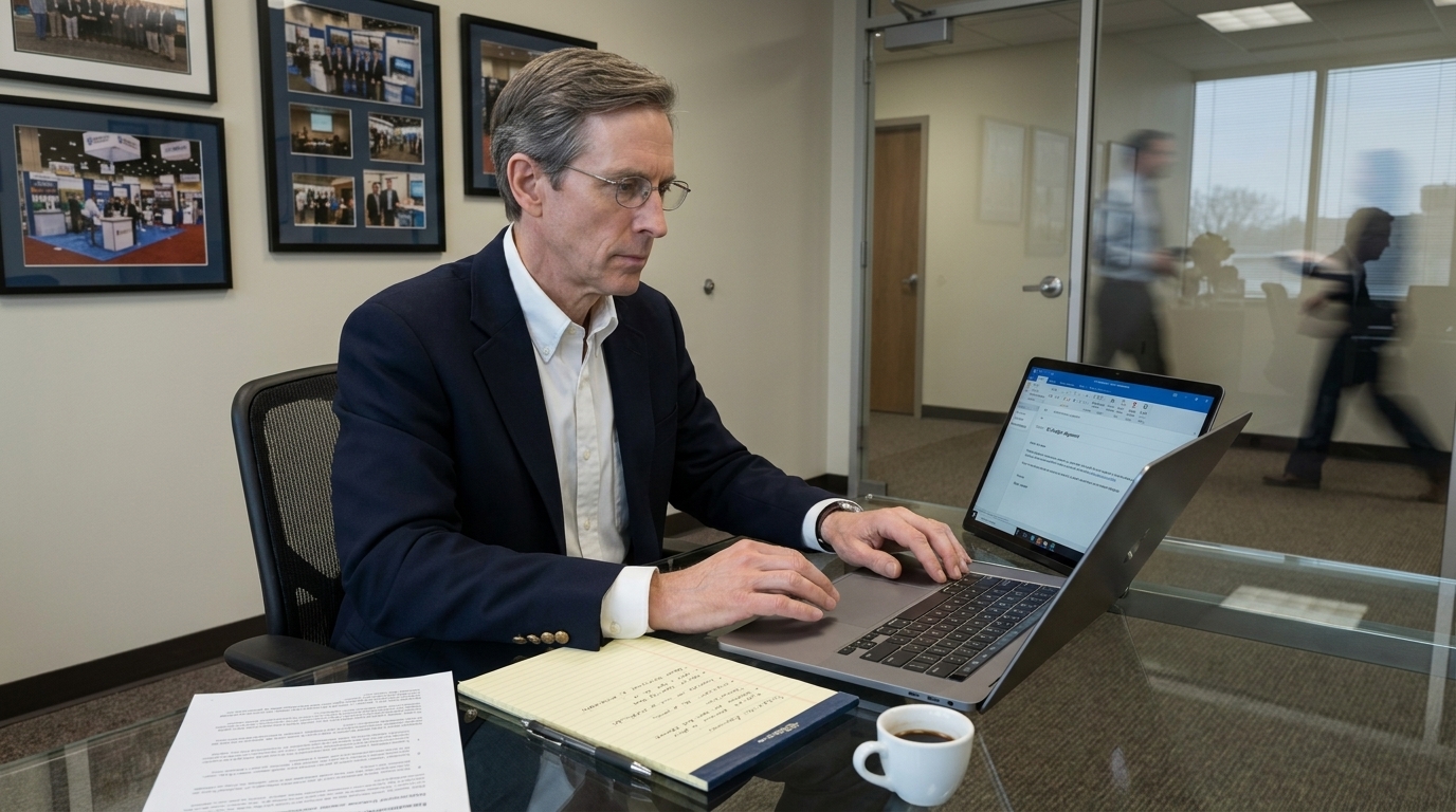 Derek Lawson allein in seinem Büro nach dem Meeting, sitzt jetzt wieder mit Sakko, den Laptop zu sich geneigt. Auf dem Bildschirm: Ein E-Mail-Entwurf mit der Betreffzeile 'Q4 Budget-Alignment'. Neben der Tastatur: Die Remediation-Seite, die Ethan zurückgelassen hat, Dereks juristischer Notizblock mit sauberen Stichpunkten und ein abkühlender Espresso in einer kleinen weißen Tasse. Vor der Glaswand bewegen sich Büromitarbeiter leicht unscharf im Hintergrund. Graues Mittagslicht.