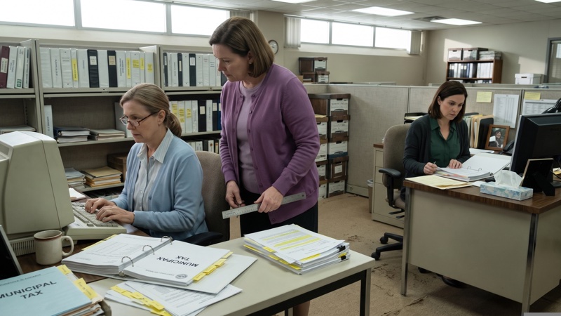 Linda Pritchard, Sharon Mills und Donna Reeves arbeiten zwischen Ordnern und markierten Seiten im Fachexpertenbereich von Whitaker Payroll.