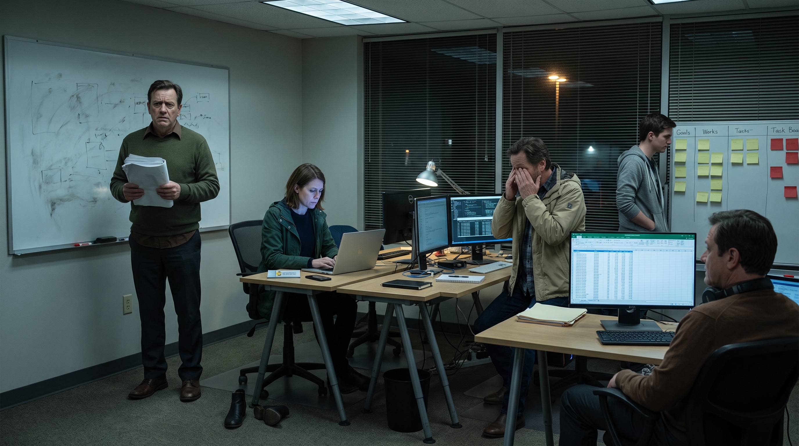 Nathan, Olivia, Ryan, Caleb und Marcus bleiben bis spät in die Nacht im Entwicklungsraum, umgeben von Paketen, Bildschirmen und Eskalationsnotizen.