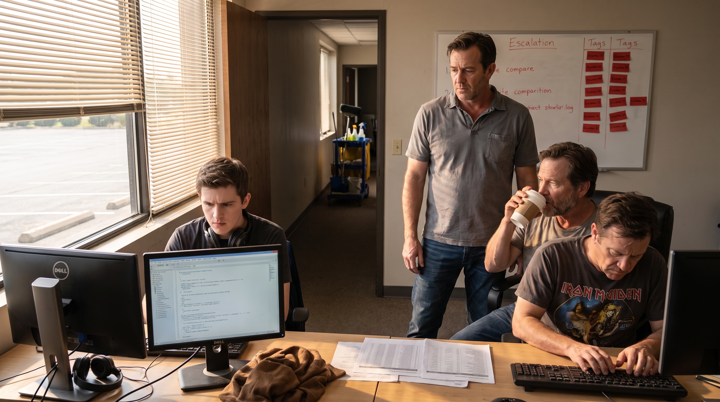 Nathan, Ryan, Marcus und Caleb verbringen einen Sommersamstag damit, in einem größtenteils leeren Büro unter roten Eskalationsschildern zu arbeiten.
