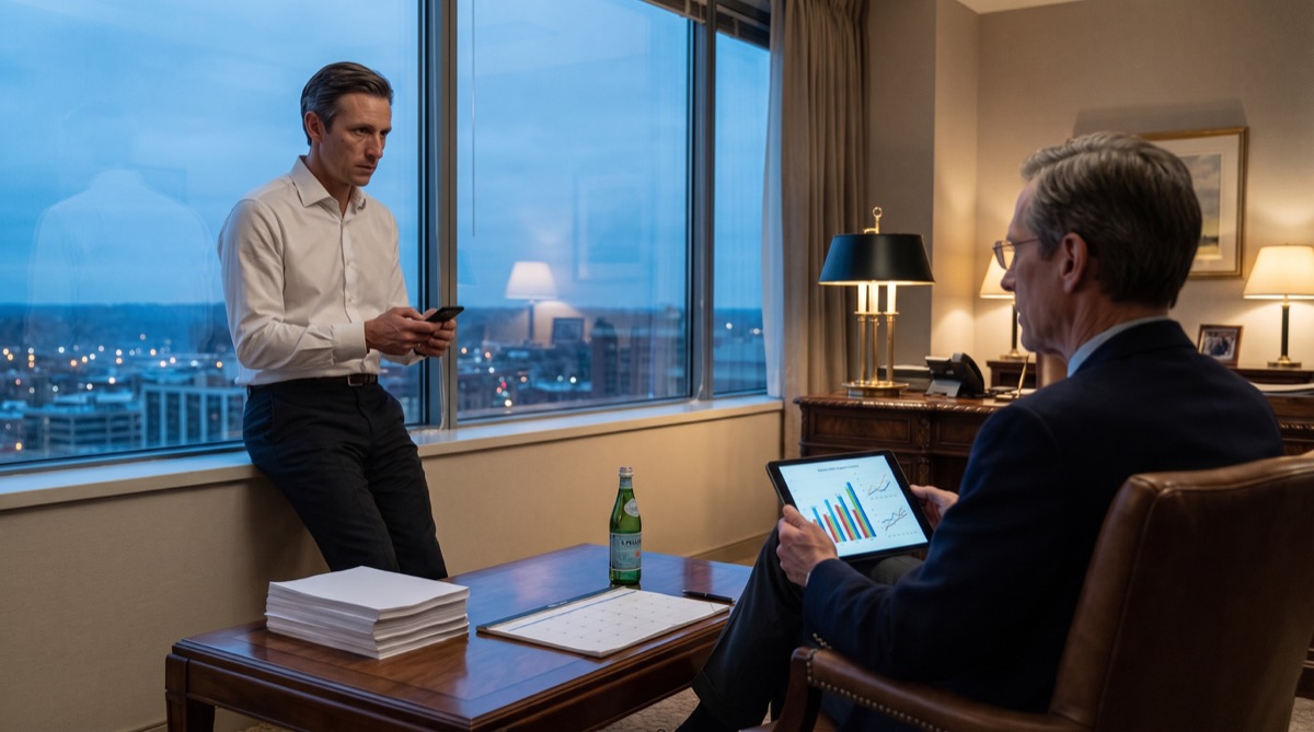 Al anochecer, Graham está junto a la ventana de su despacho con el teléfono mientras Derek estudia una tableta junto a hojas de quejas y un calendario de cierre de año.