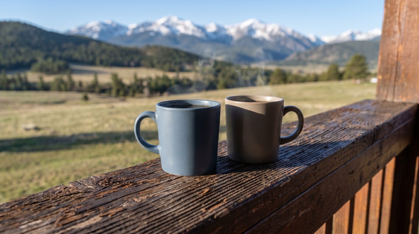 Kaffeetassen auf einem Verandageländer mit den Hügeln der Bighorn Mountains im Hintergrund